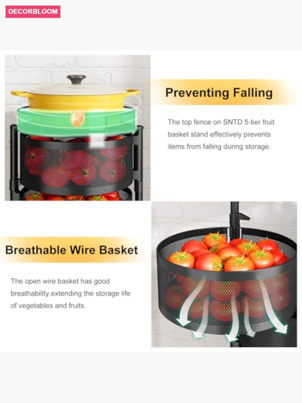 5-Tier Rotating Fruit Basket Storage Cart on Wheels with Lid - Picture 3 of 7